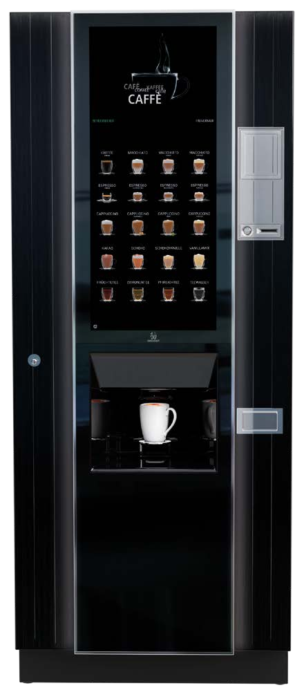 Frontalansicht des Gerhardt-Kaffee- und Teeautomaten mit großem Bildschirm und Getränkeausgabe